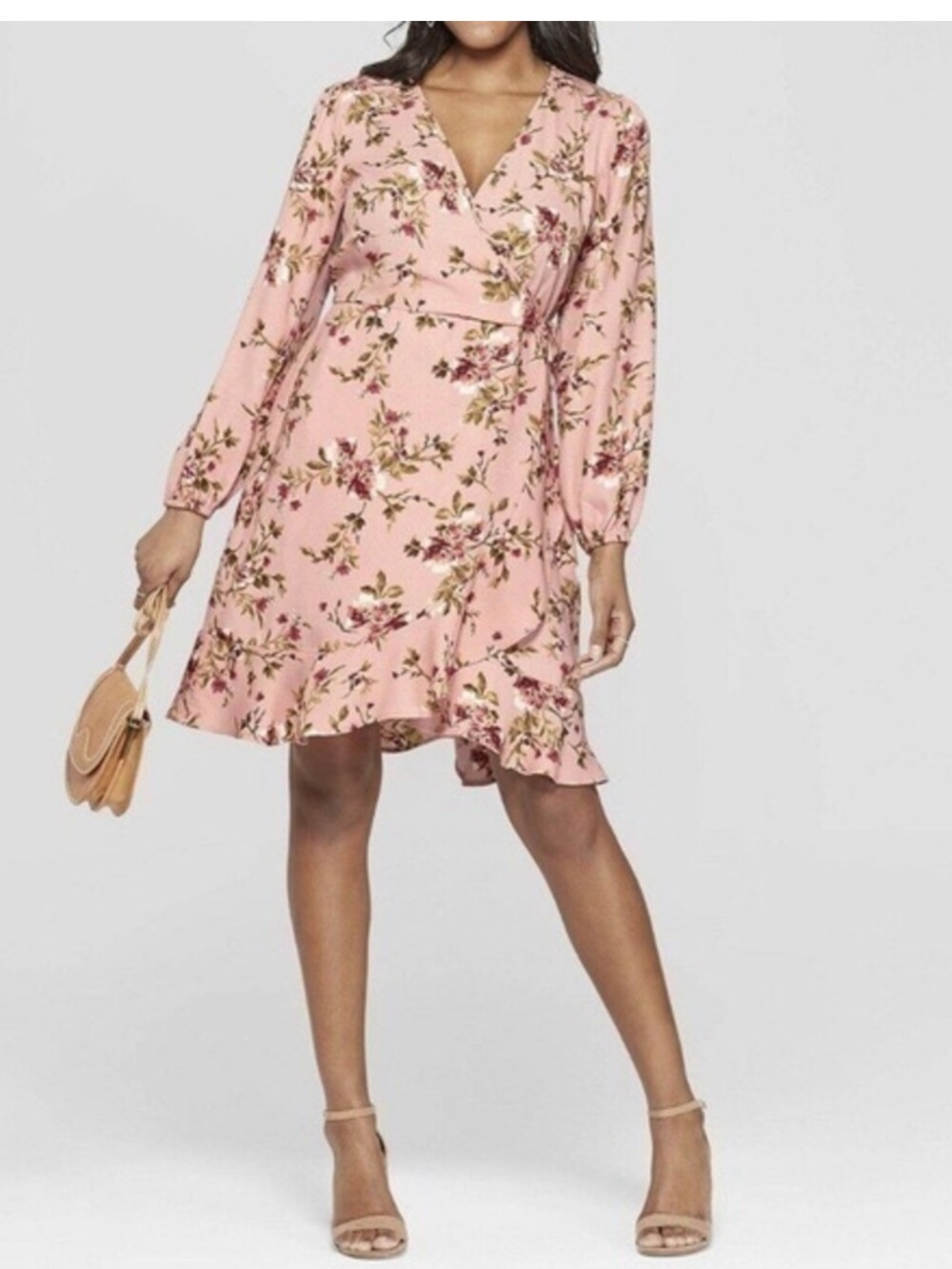 NWOT Pink Floral Faux Wrap Long Sleeve Dress New - Picture 2 of 7